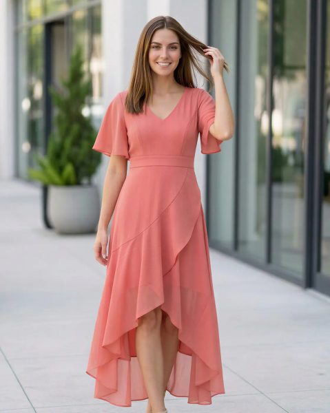 Women Flutter Sleeve Ruffled Hem Mock Wrap A-Line Dress