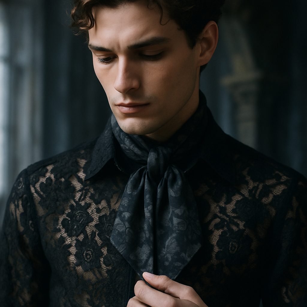 Close-up of male model in black lace shirt and floral scarf.