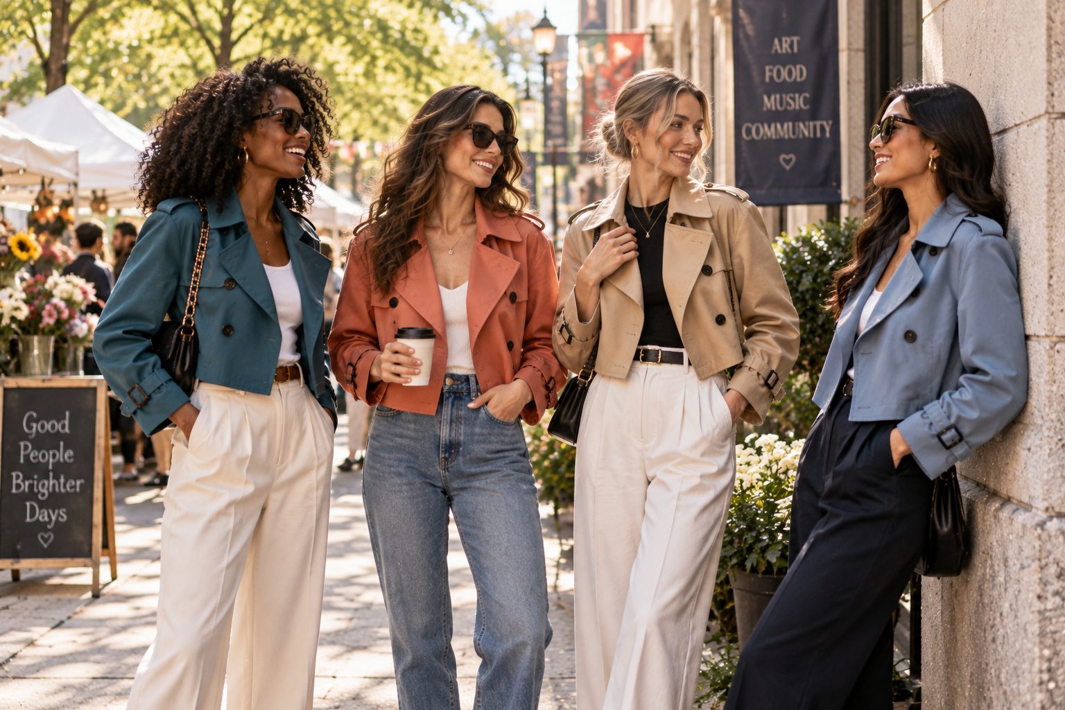 Diverse models in cropped trench coats enjoying a street festival.