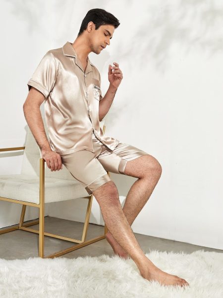 Contrast BInding Satin Slogan Embroidery Lapel Neck Pyjama Sleepwear Set