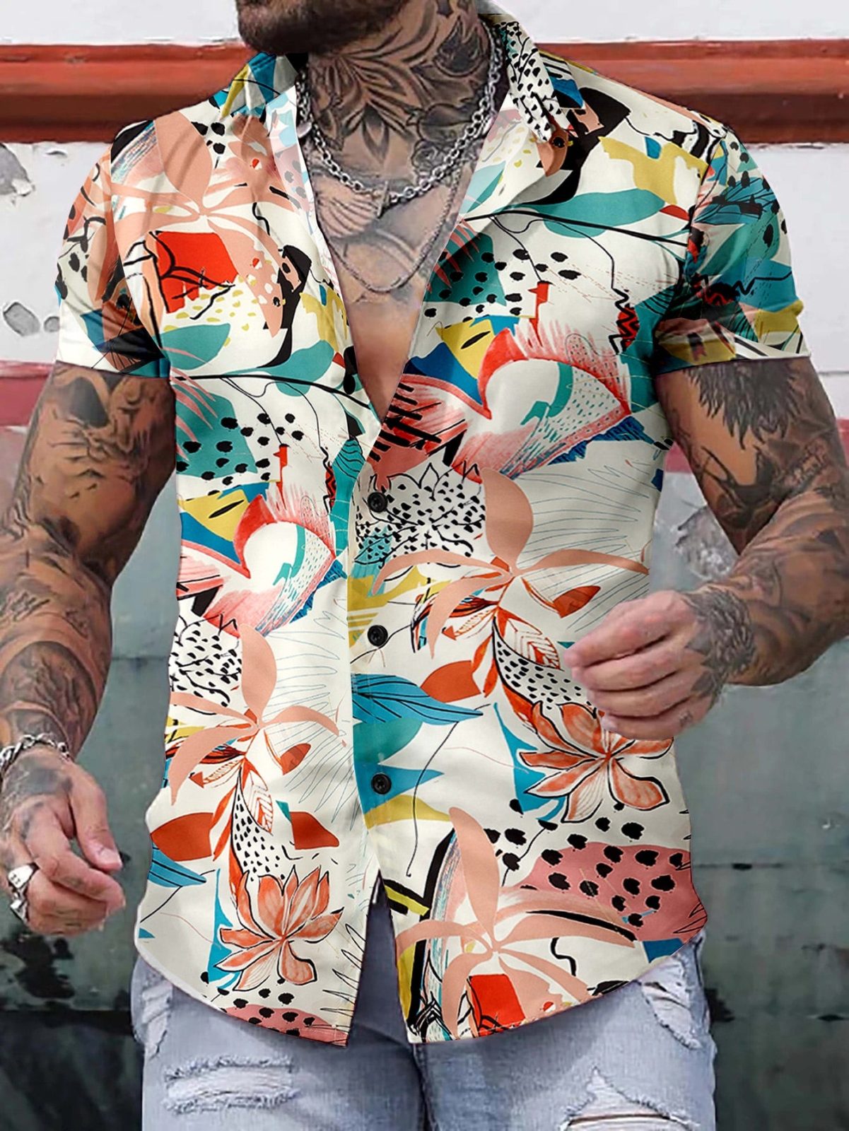 Men Floral Print Short Sleeve Button Front Shirt