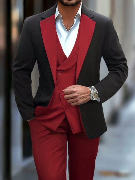 Colourblock Single Breasted Lapel Blazer, Vest & Trouser Three-Piece Suit Set