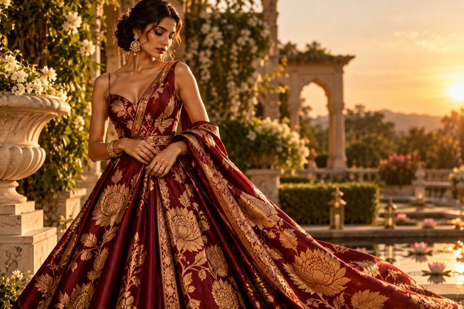 Model in burgundy Kanjivaram silk gown with golden Shola motifs in a garden at golden hour.