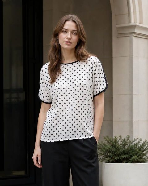 Contrast Trim Extended Sleeve Polka-Dot Print Top