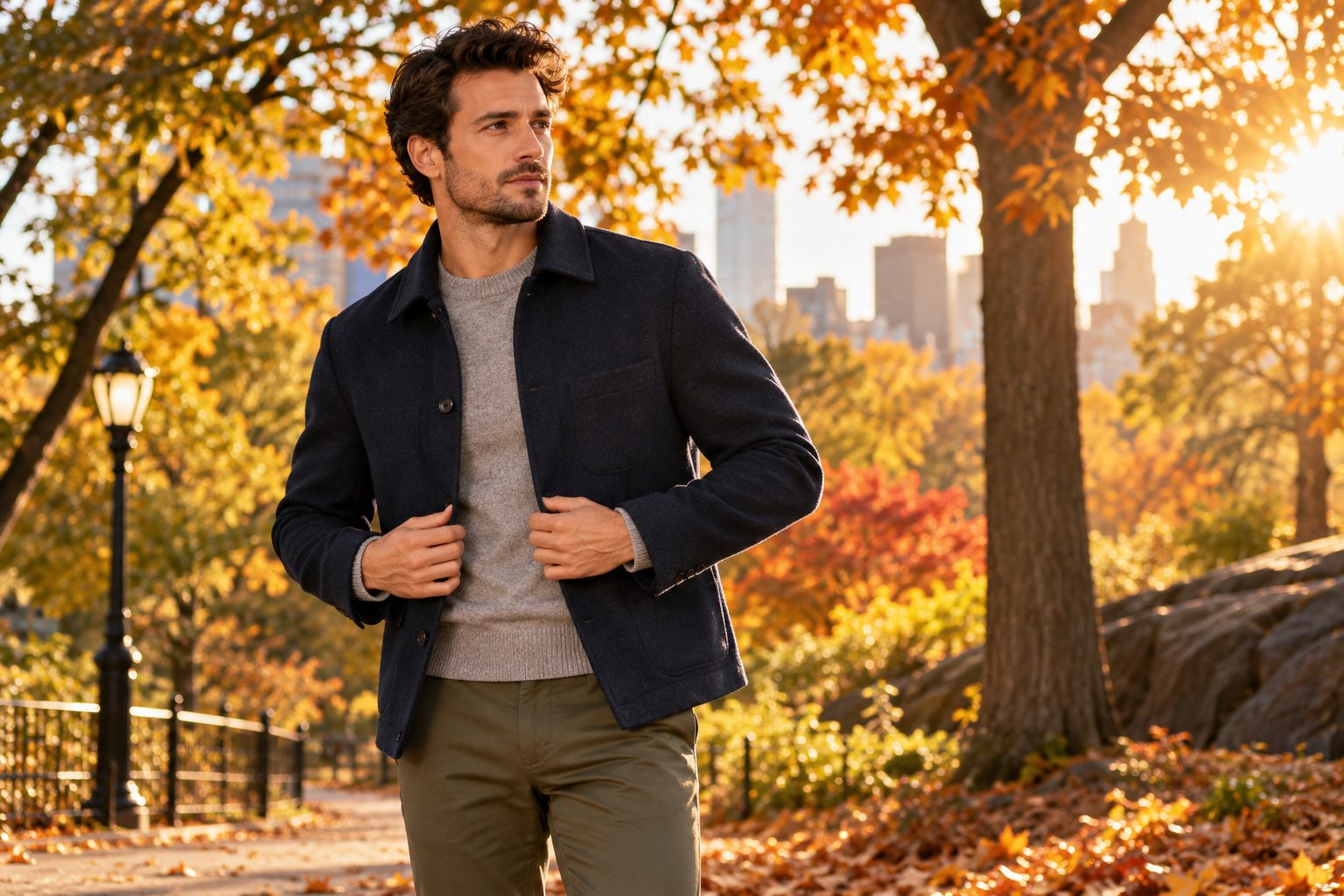 A man in a fitted navy jacket and grey sweater, adjusting his outfit in a golden hour park setting.