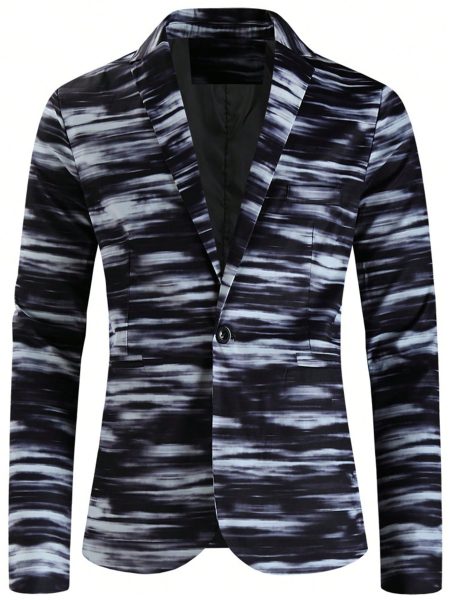 Black White Tie Dye Print Single Button Lapel Neck Blazer