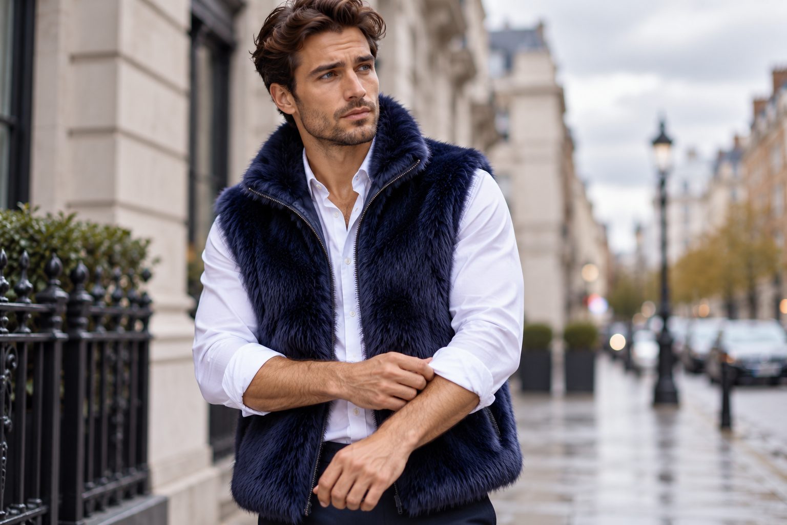 Male model in navy faux fur gilet adjusting his sleeves on an urban street.