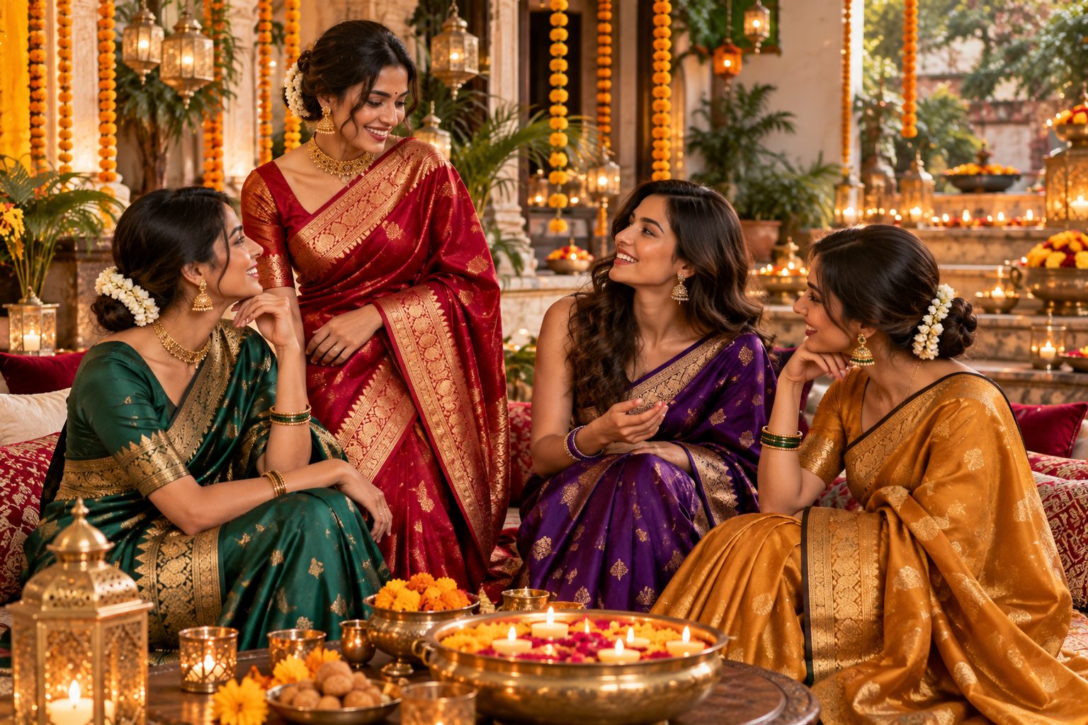 Group of models in jewel-toned silk sarees during Diwali celebration.