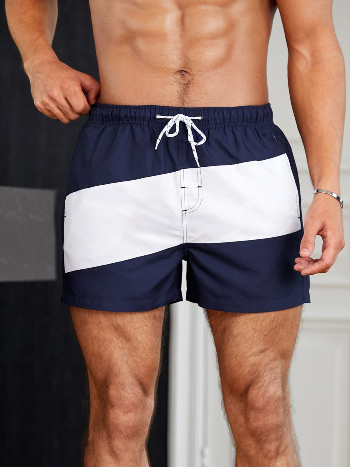 Blue White Colorblock Drawstring Waist Swim Trunks