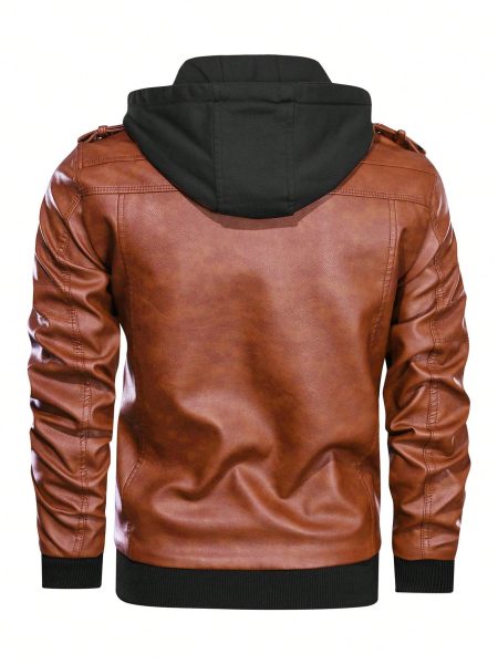 Zip Up Hooded PU Leather Jacket
