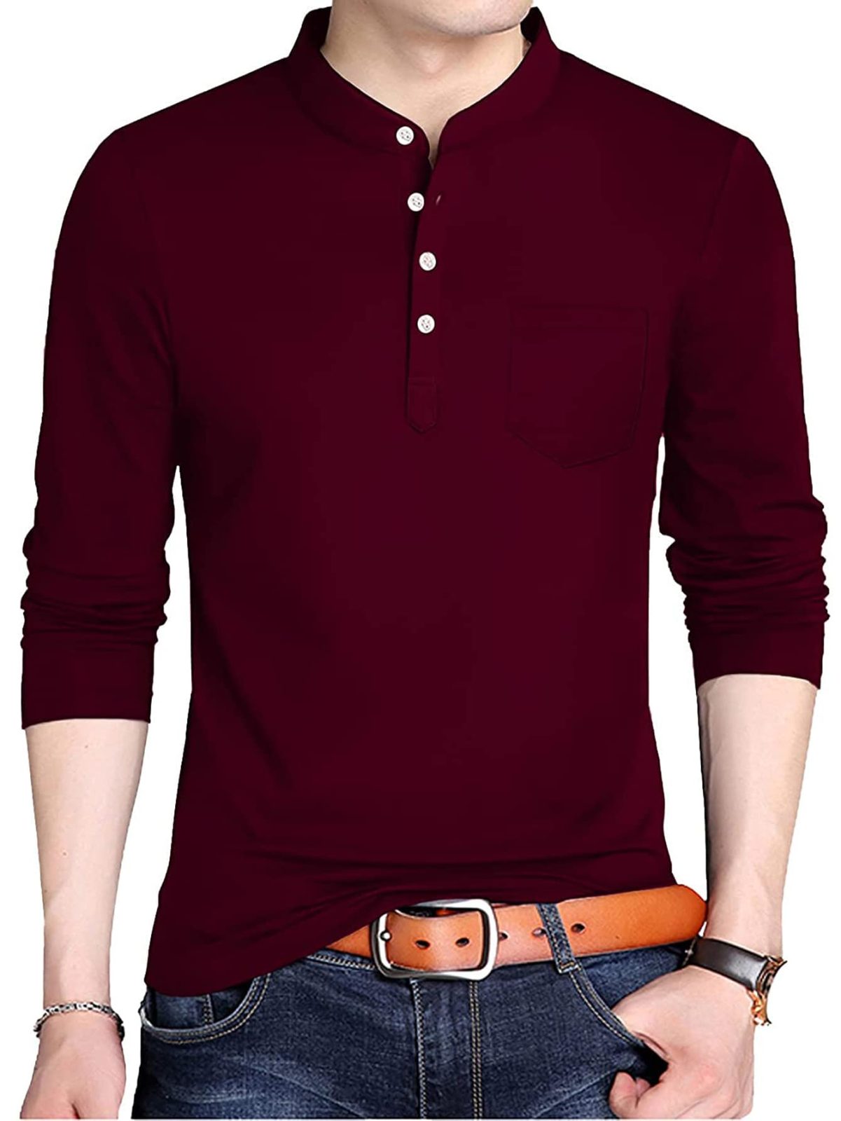 Maroon Stand Collar Half Button Patched Pocket Top