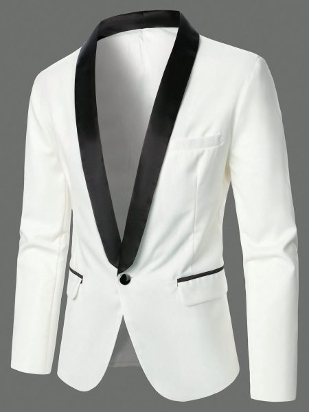 White Contrast Collar Single Button Shawl Collar Blazer