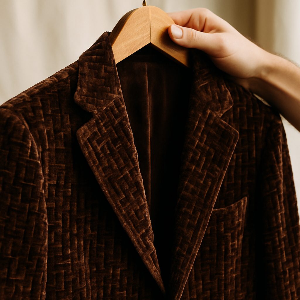 Textured velvet blazer with intricate woven patterns