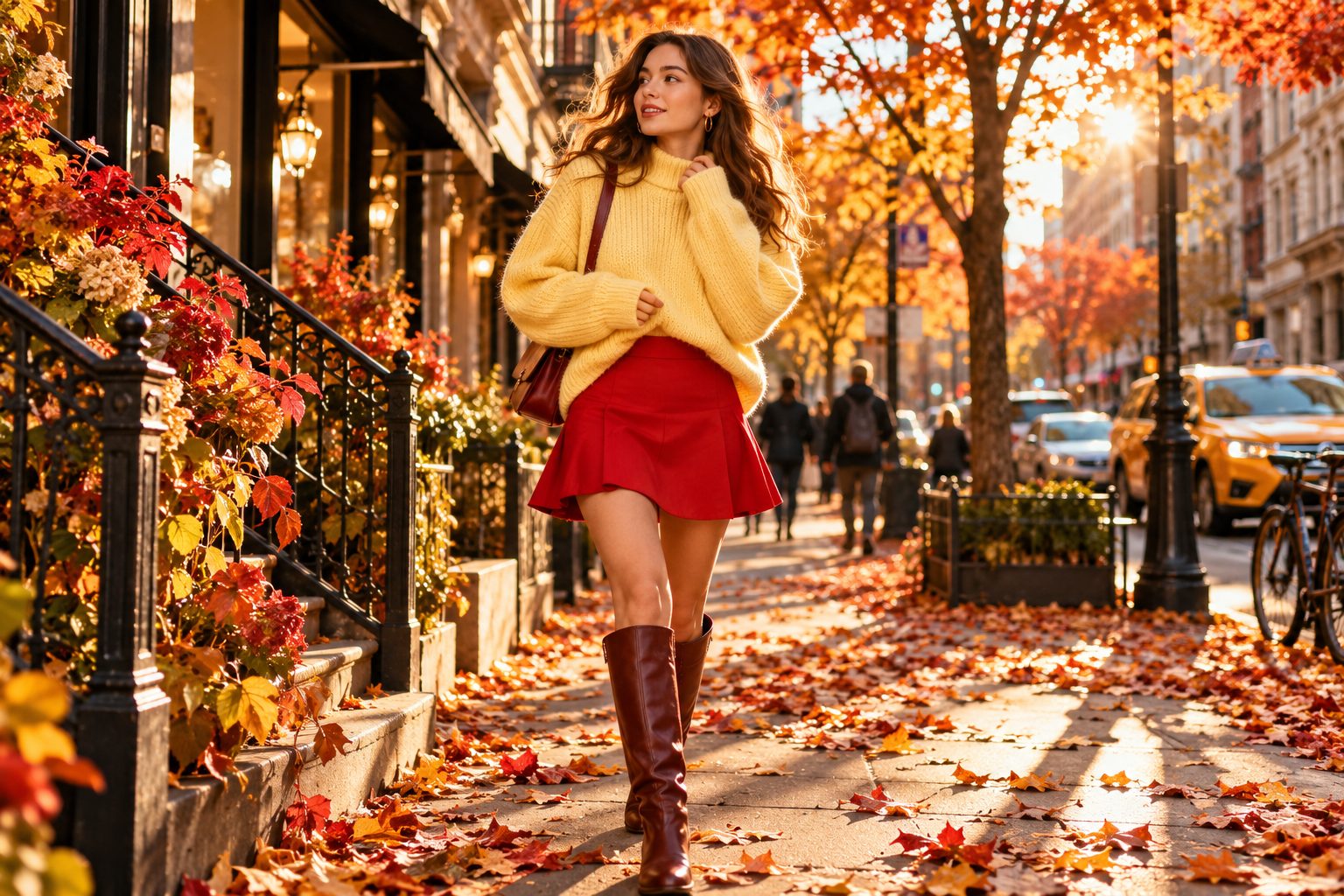 Model in vibrant autumn fashion with butter yellow and bright red, city street in golden hour light.