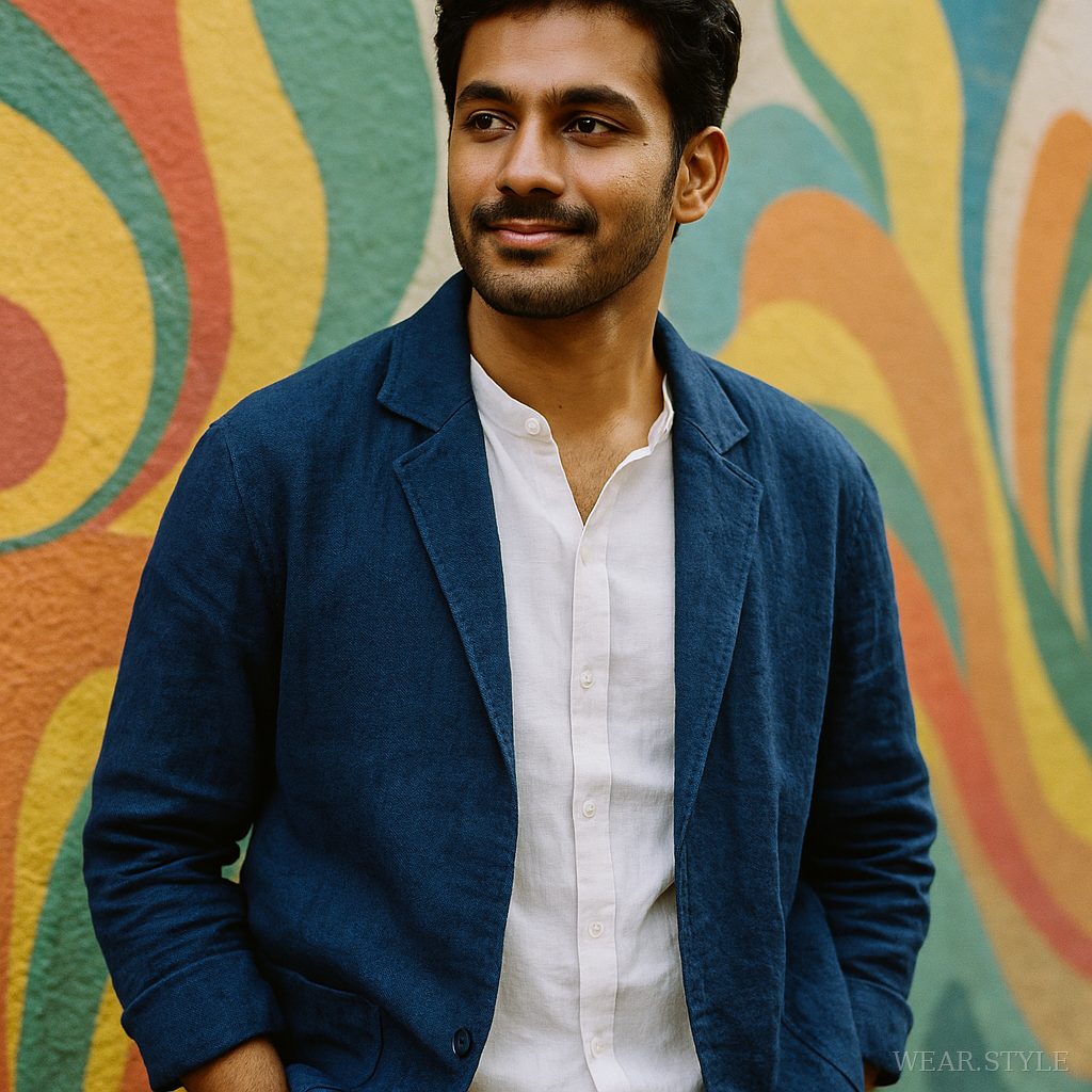 Indian male model in indigo khadi jacket posing against a colorful mural.