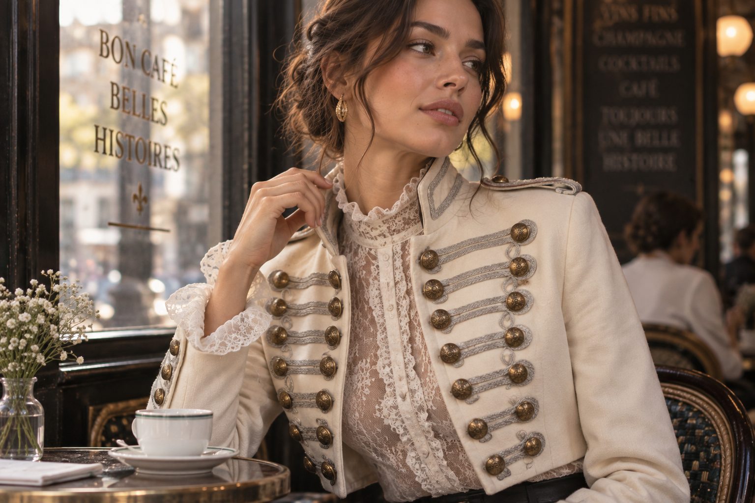 Close-up of model in ivory Napoleon jacket at a café.