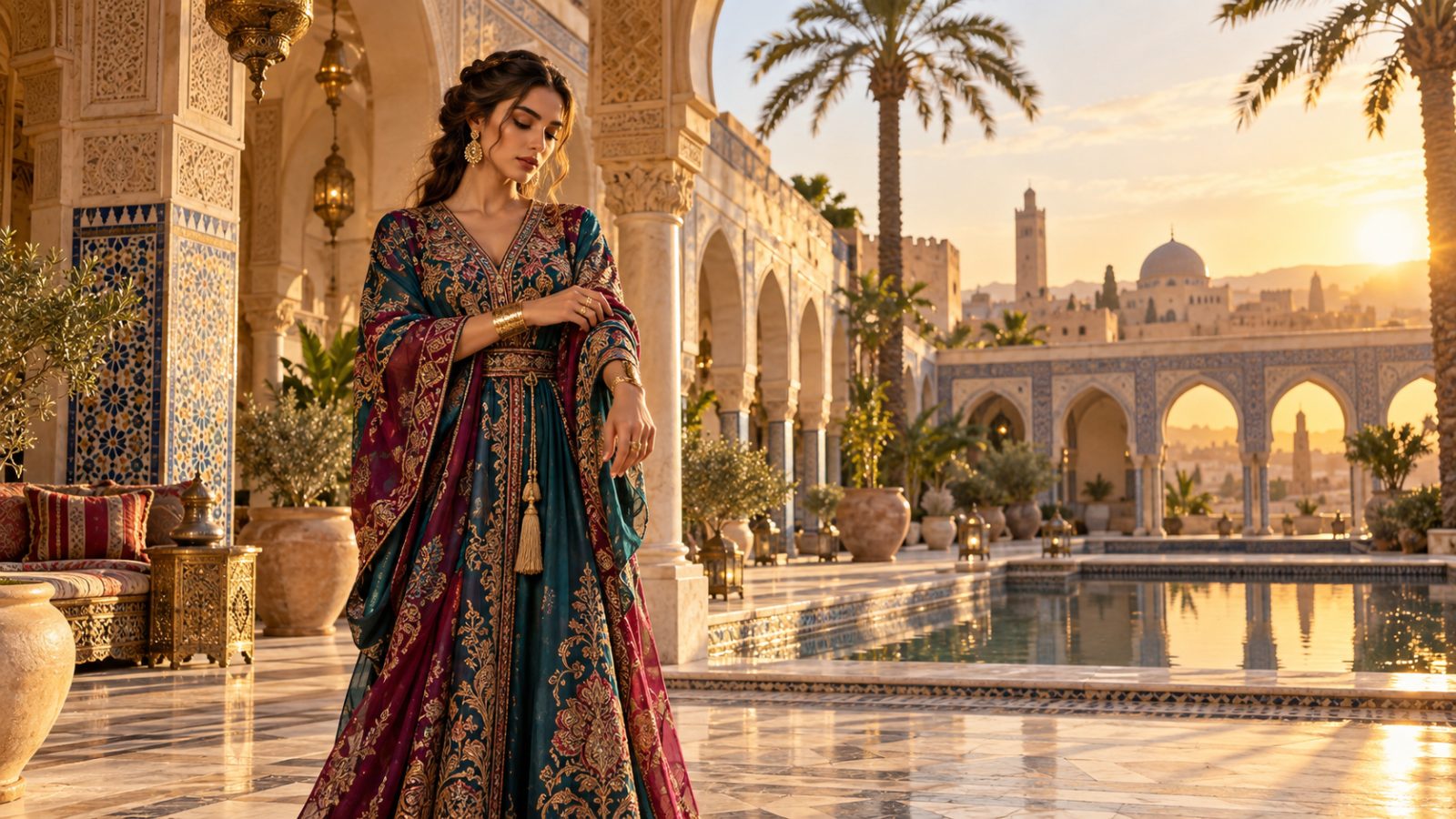 Model in a vibrant kaftan in a sunlit Middle Eastern courtyard.