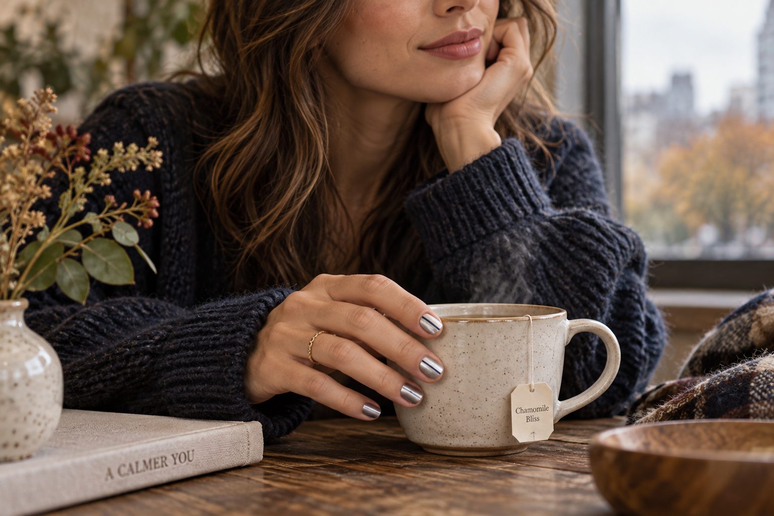 Close-up of hands with molten silver nails touching a cup of tea on a wooden table.