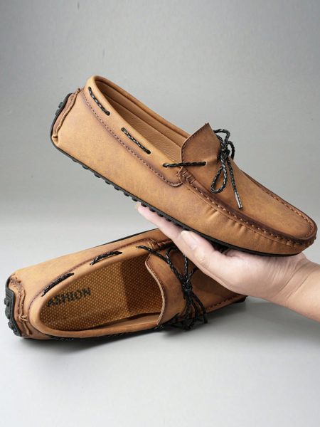 Rust Brown Bow Decor Stitched Detail Artificial Leather Fashion Loafers