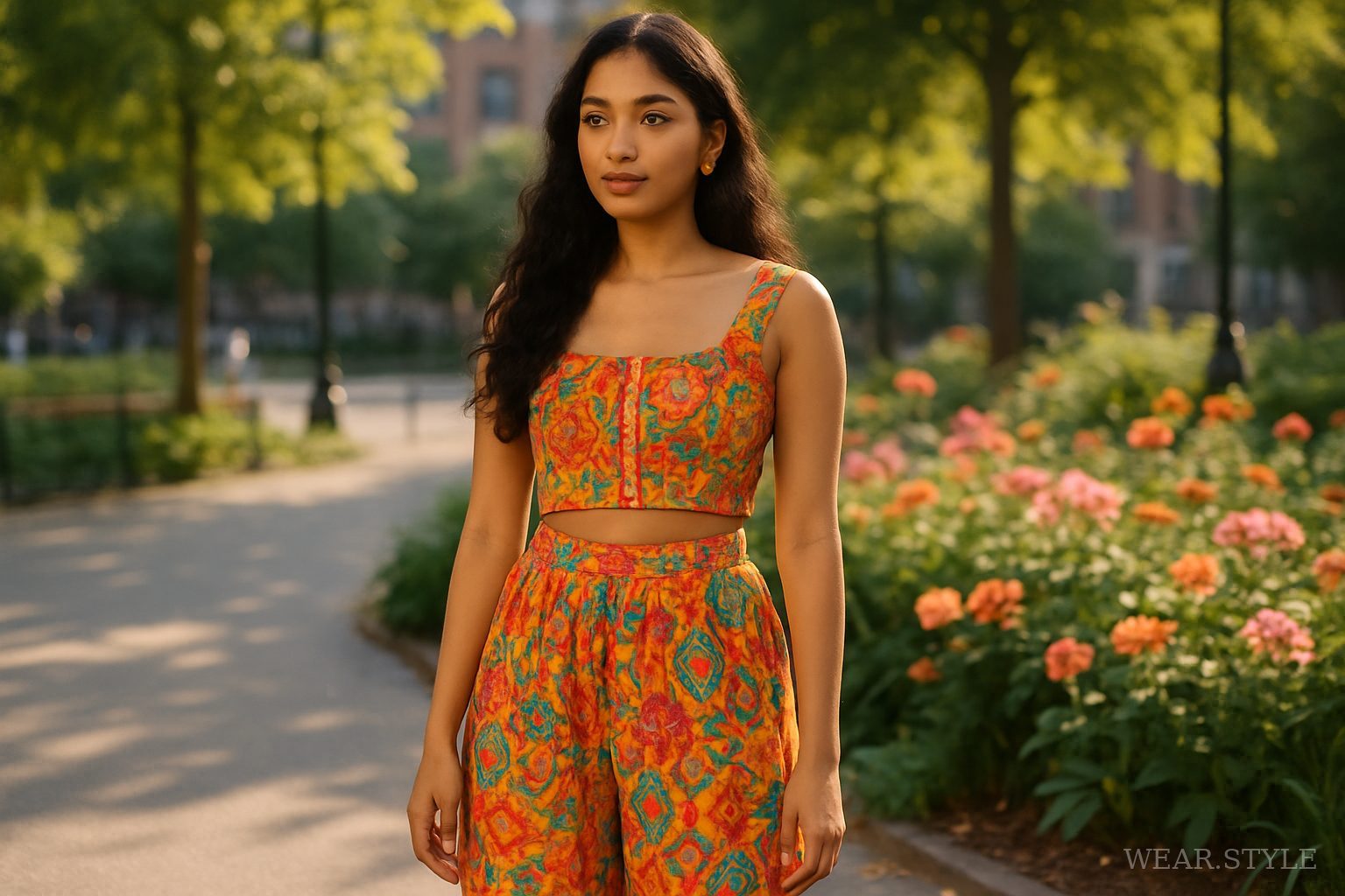 Indian woman in a colorful co-ord set in an urban park, showcasing modern fashion.