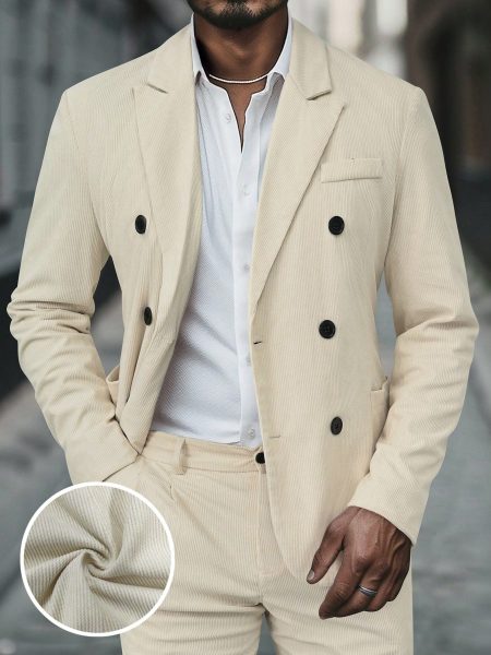 Men's Beige Double Breasted Blazer & Trouser Suit Set – Collarless, Button Down & Fully Lined