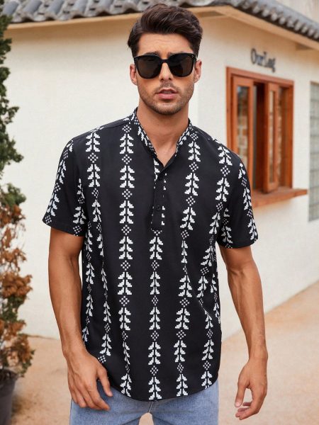 Black Geo Print Half Button Stand Collar Shirt