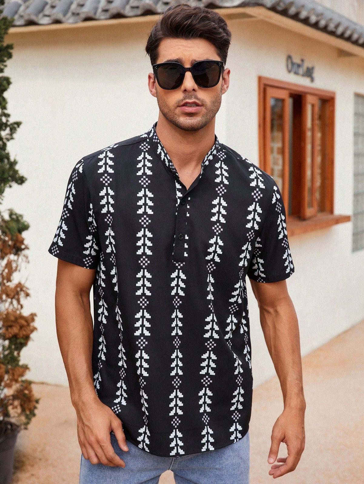 Black Geo Print Half Button Stand Collar Shirt