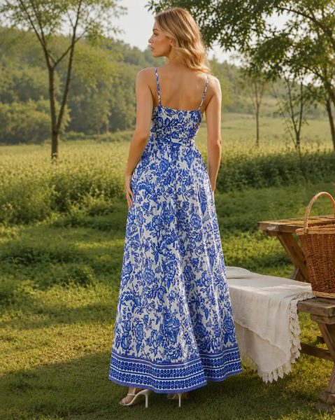Women Spaghetti Strap Waist Tie Up Floral Print A-Line Dress