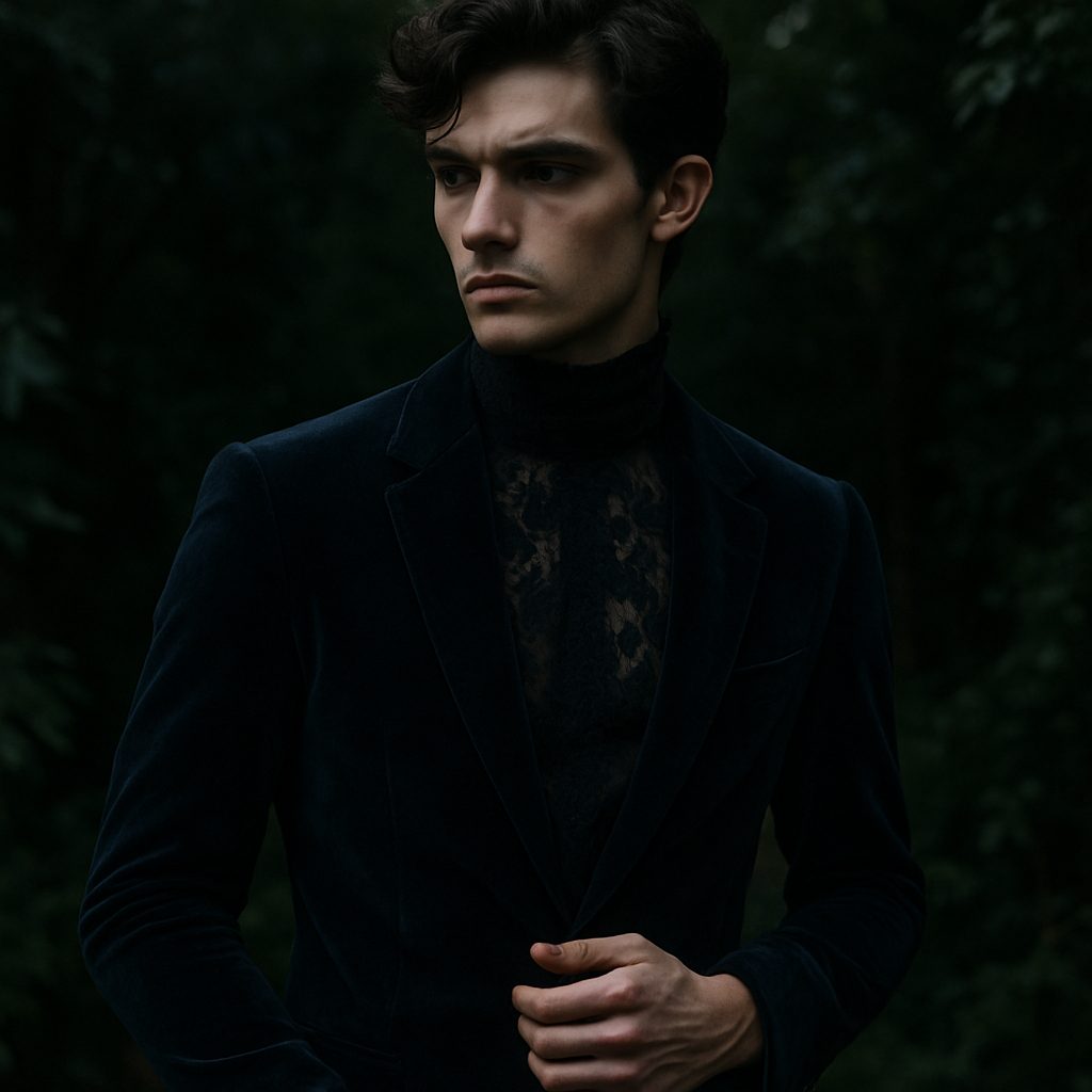 Male model in navy velvet blazer and high-neck lace shirt in a garden.