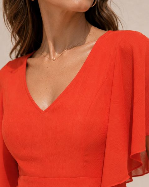Women Flutter Sleeve Ruffled Hem Mock Wrap A-Line Dress