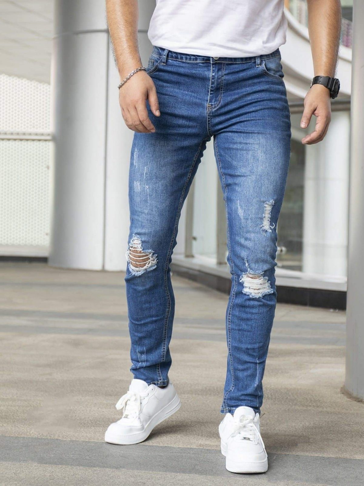 Blue Medium Wash Ripped Frayed Cat Scratch Skinny Jeans
