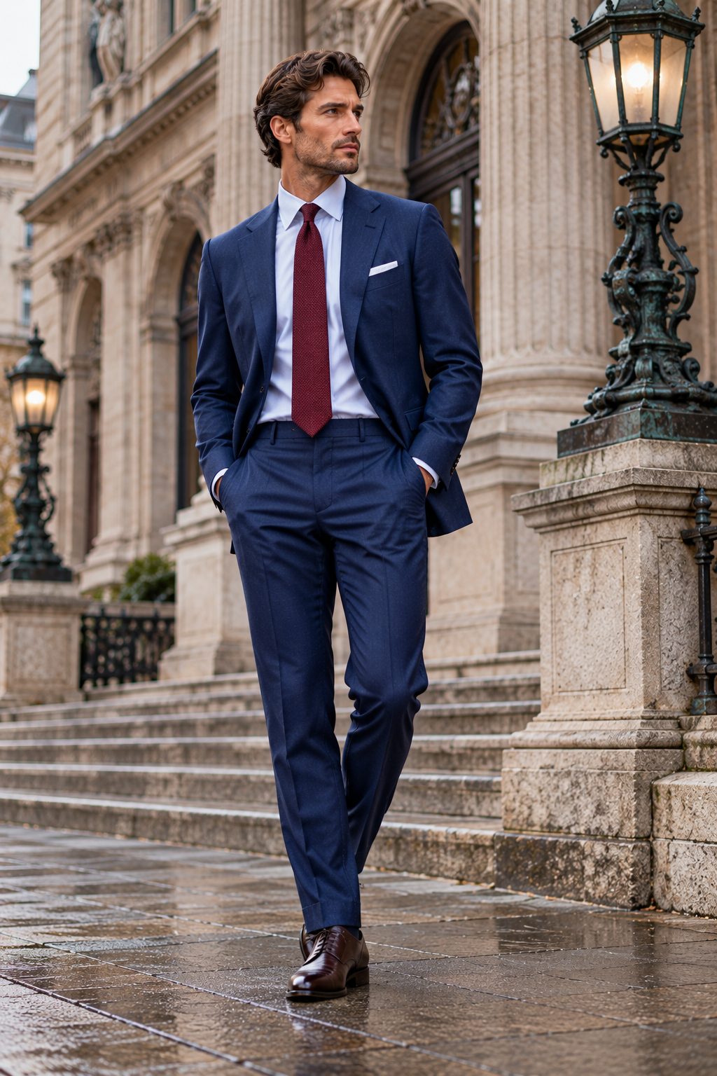 Male model in sapphire blue tailored suit against historic architecture.