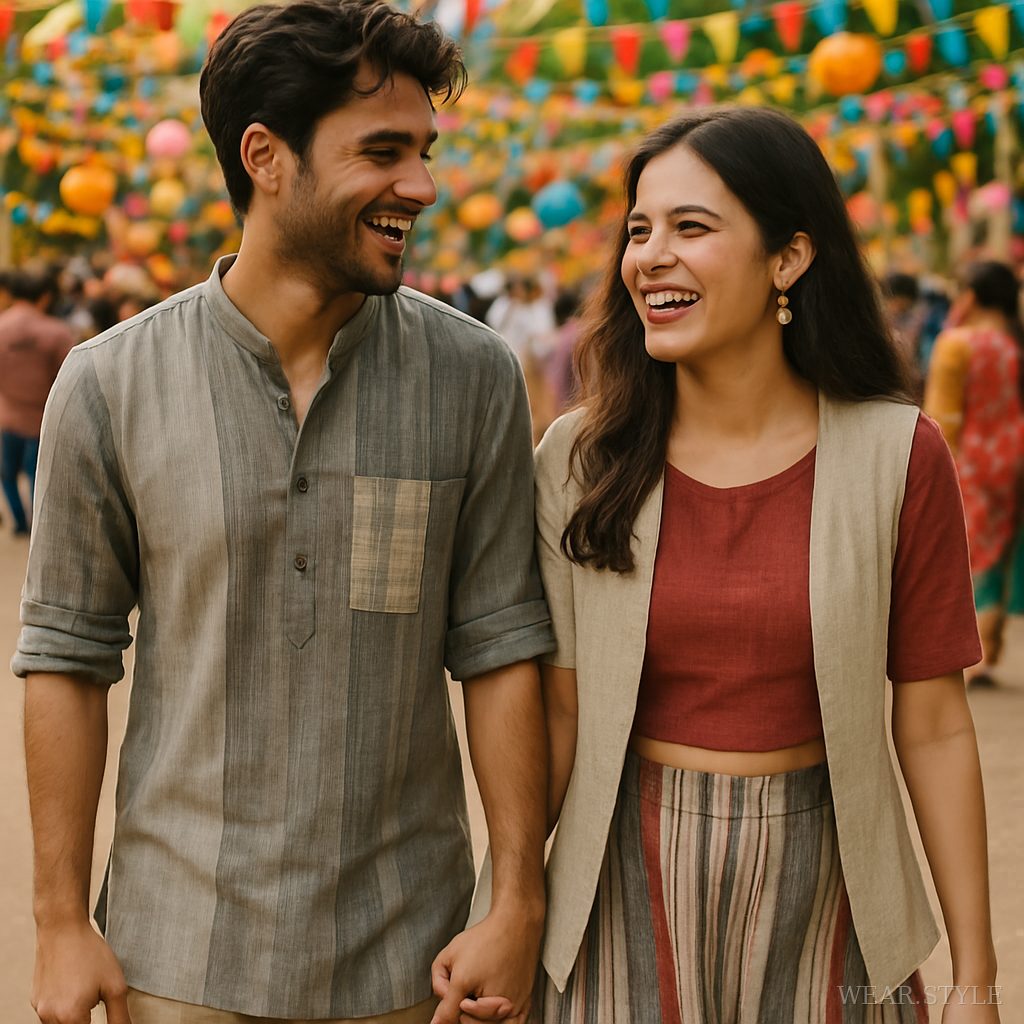 Young couple in handloom fashion at a lively festival, colorful decorations around.