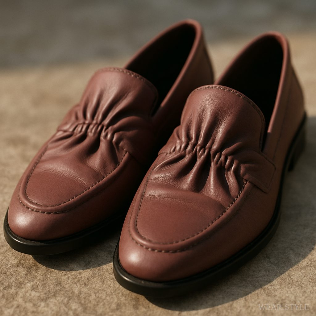 Close-up of maroon ruched loafers on a textured surface