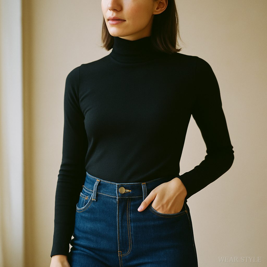 Close-up of tailored indigo bootcut jeans styled with a black turtleneck.
