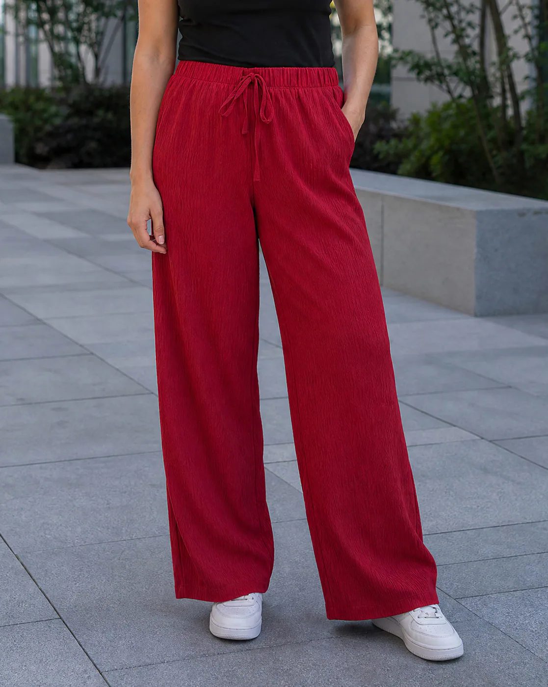 Full Length Elasticated Drawstring Waist Textured Pants