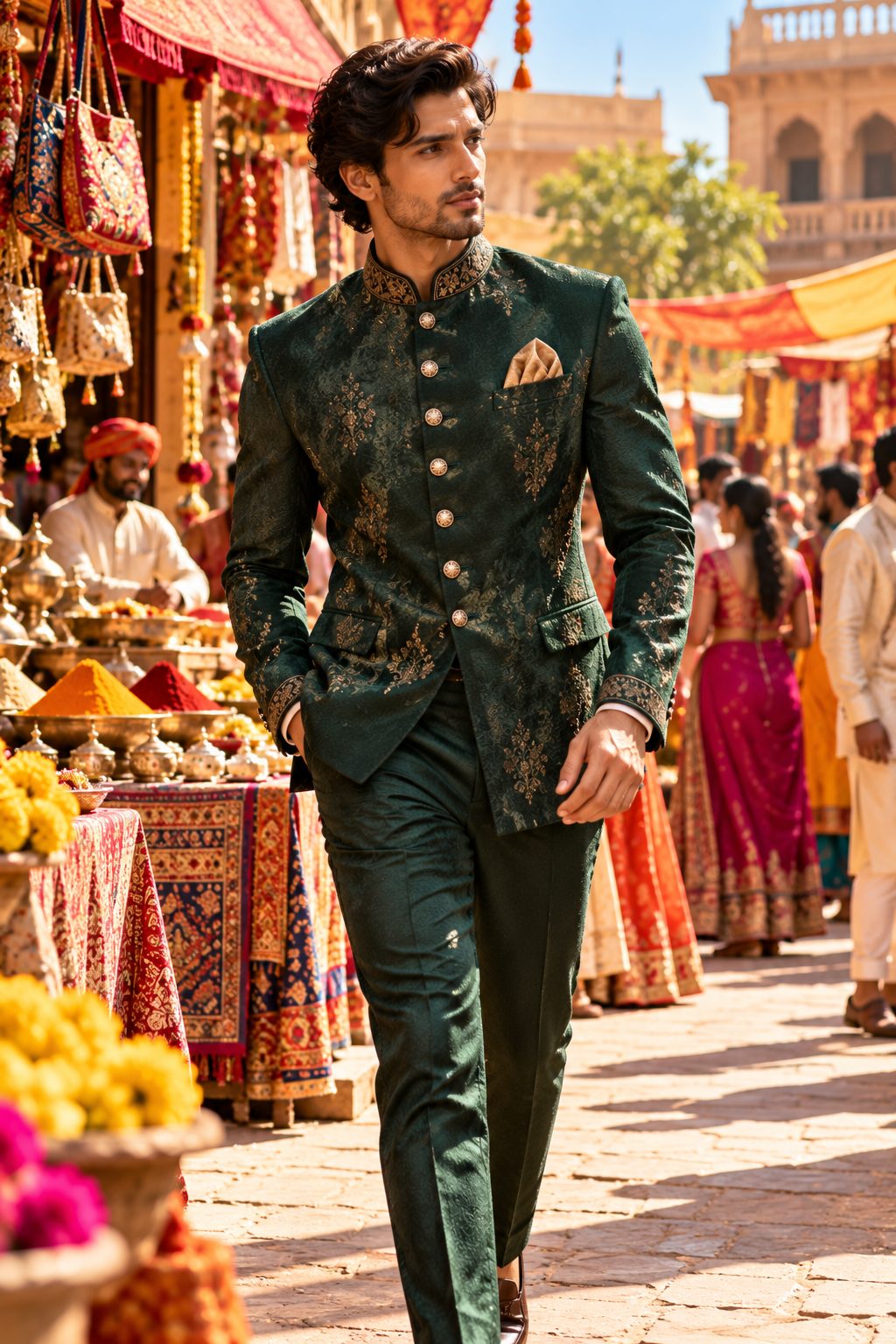 Male model in forest green bandhgala walking through a vibrant market, bright midday sun.