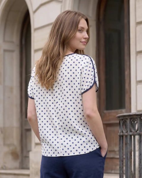 Contrast Trim Extended Sleeve Polka-Dot Print Top