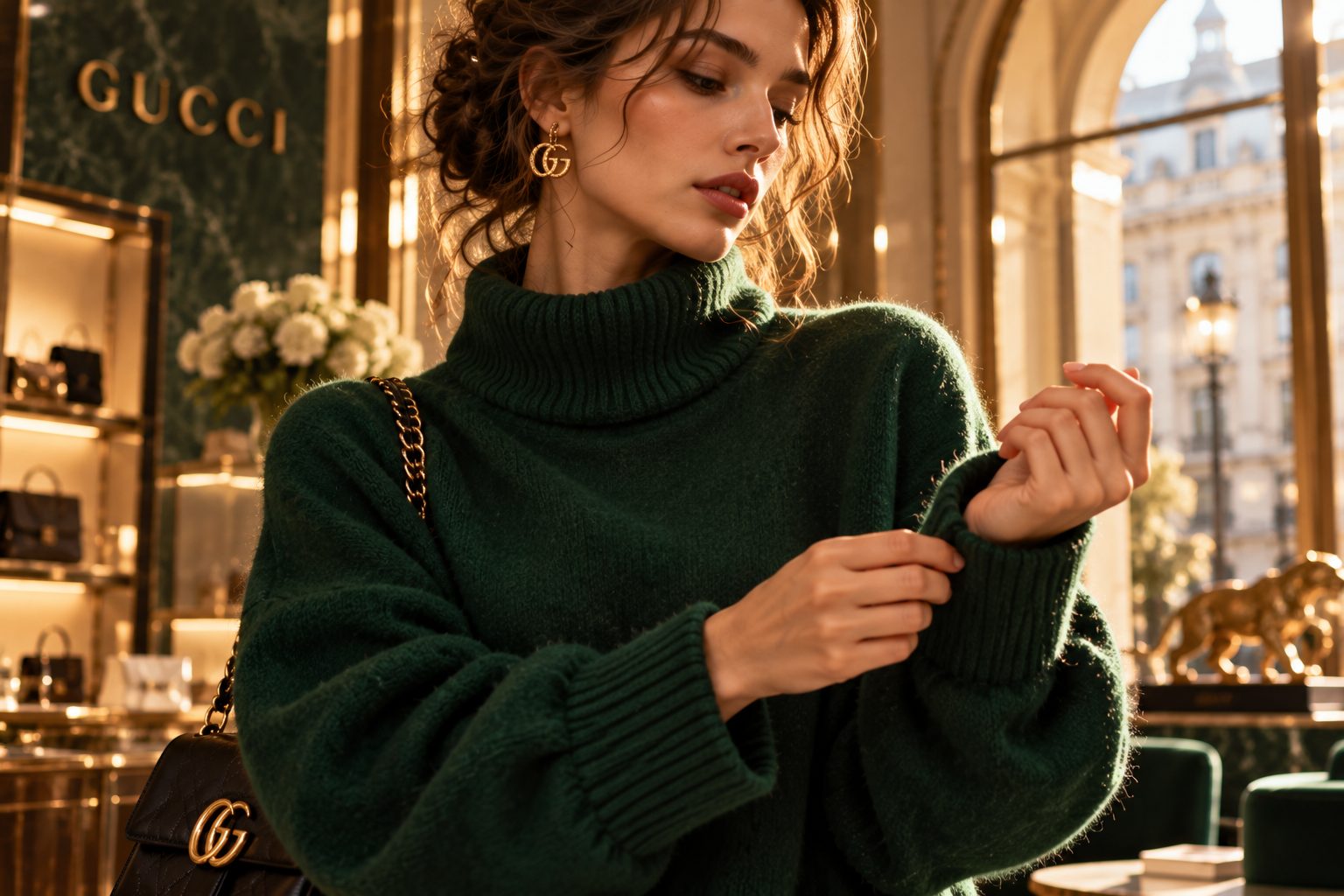 Close-up of hands adjusting a cashmere sweater in a luxurious setting.