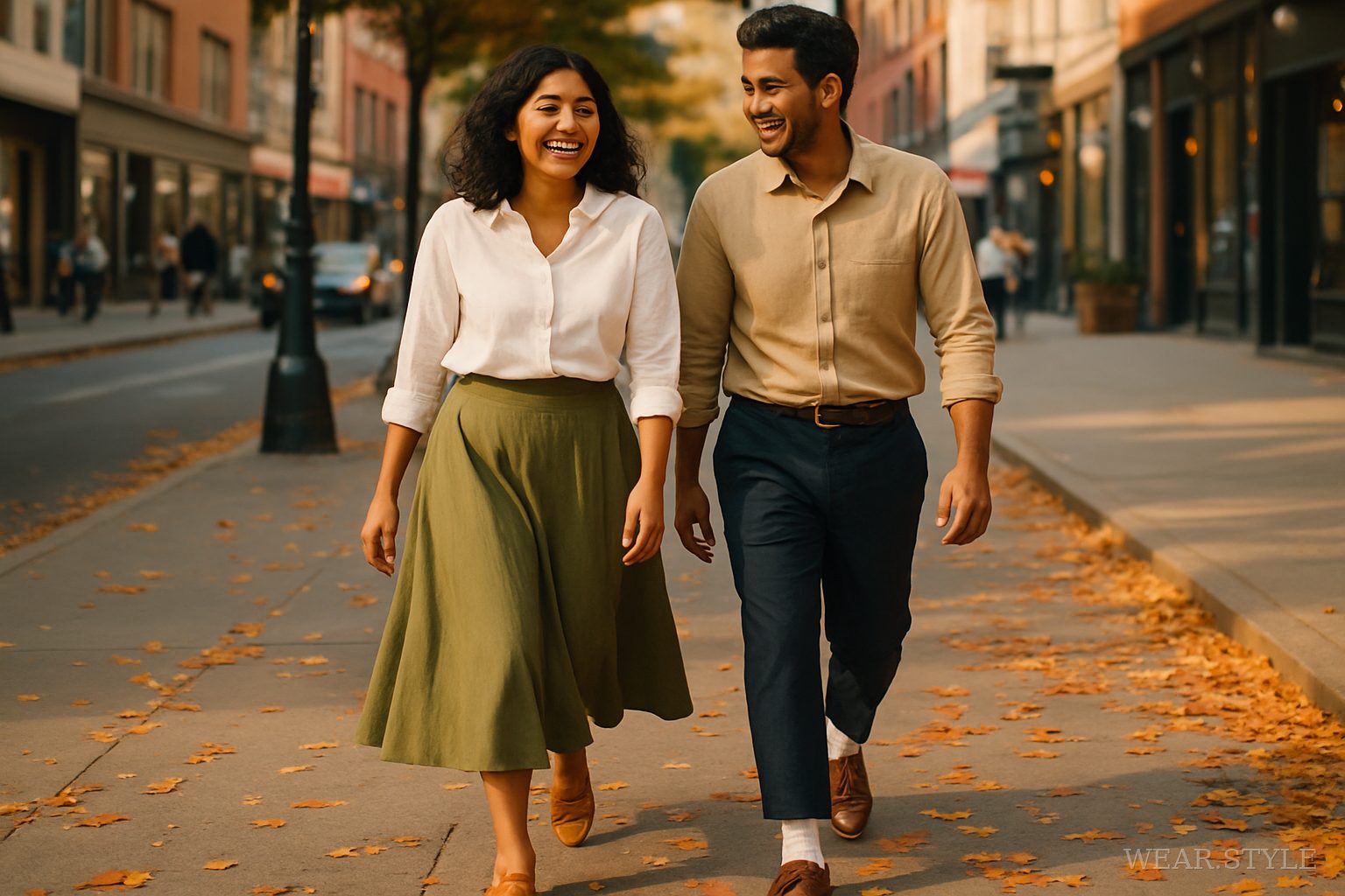 Indian couple wearing ruched loafers in a vibrant autumn street scene