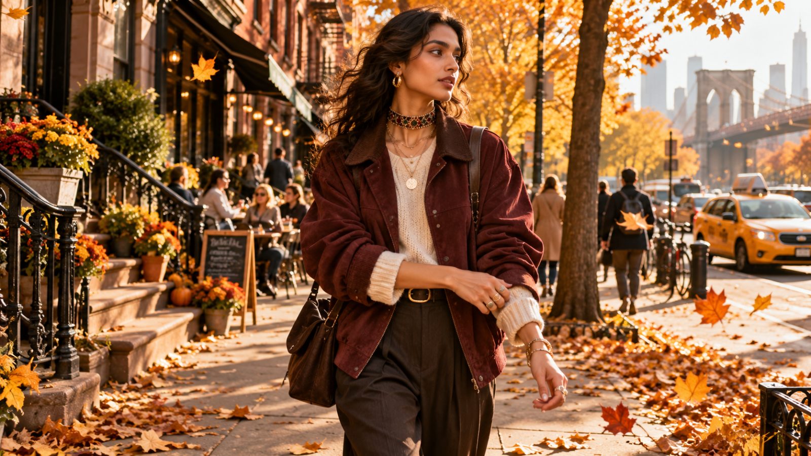 Model showcasing layered autumn fashion and stacked jewelry in New York street scene.