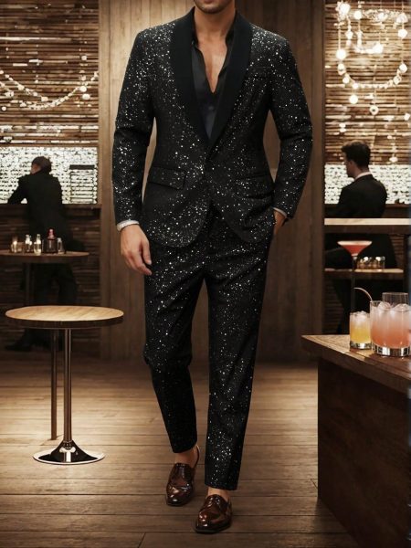 Shawl Collar Sparkling Contrast Sequine Party Suit