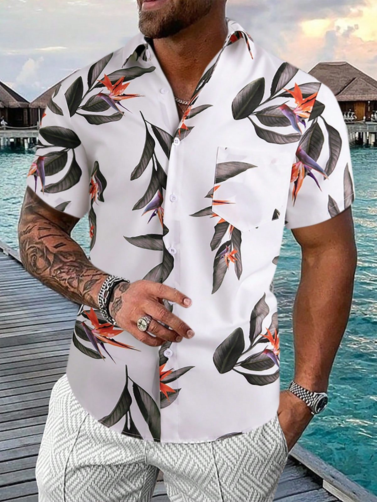 White Boho Tropical Print Button Front Shirt