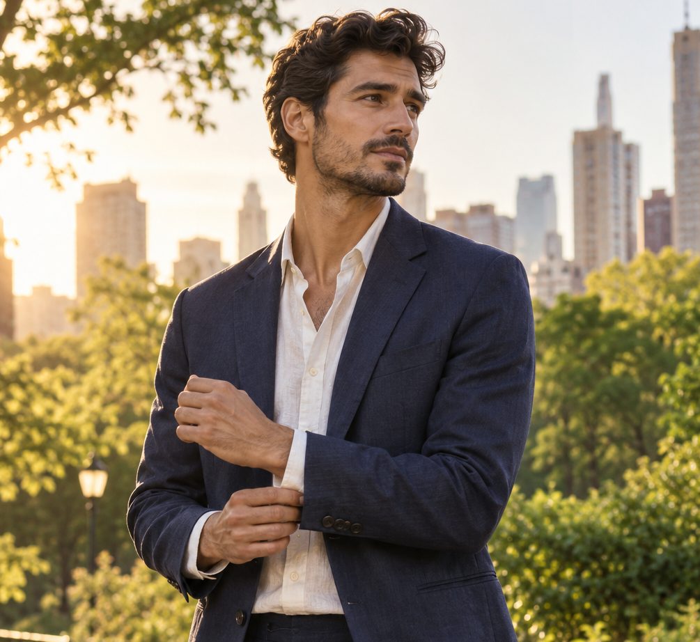 Man in relaxed navy suit adjusting cuff in sunlit urban park