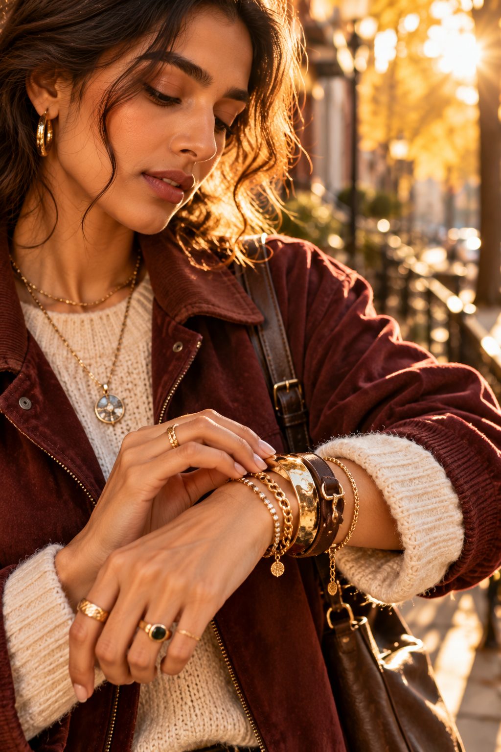Close-up of stacked bracelets in autumn light.