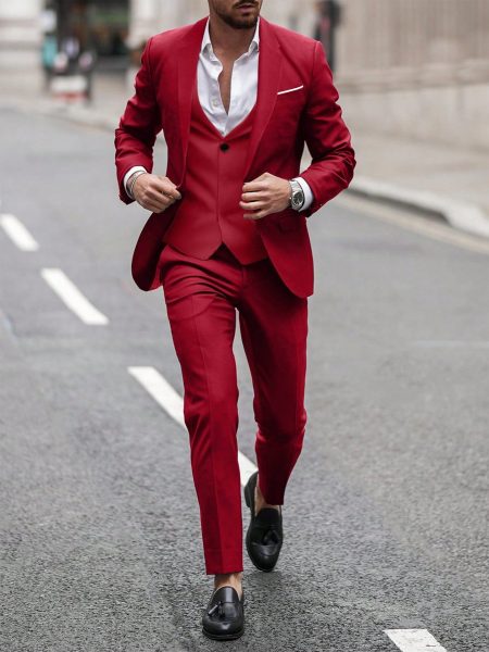 Burgundy Shawl Collar Single Breasted Blazer with One Button Vest and Trouser Suit Set