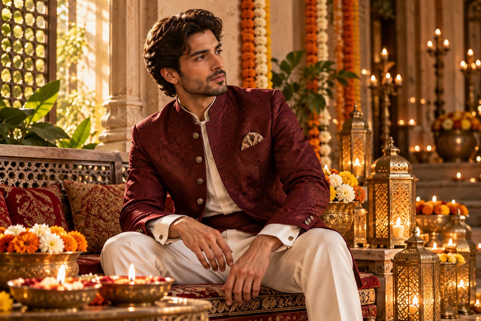 Male model in burgundy bandhagala, seated with Diwali lights, soft window light.