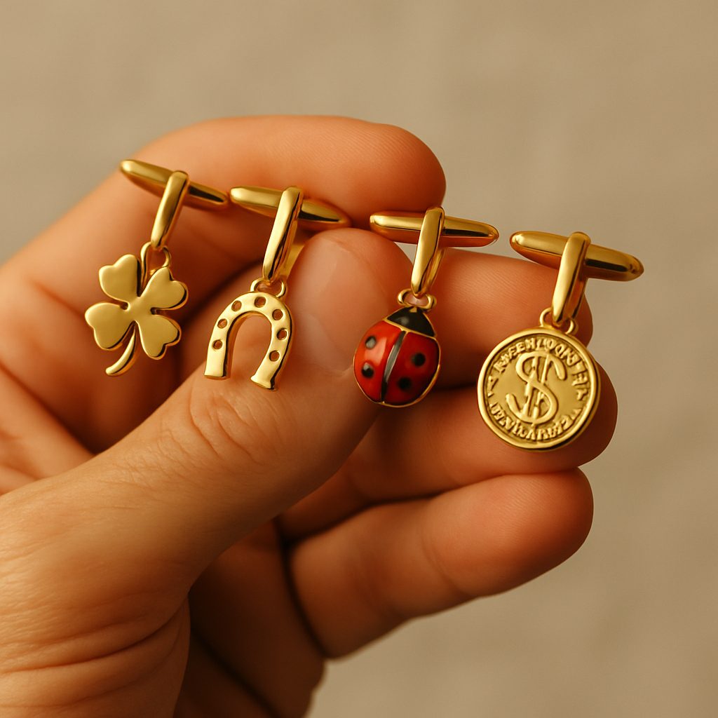 Close-up of playful cufflinks with unique motifs