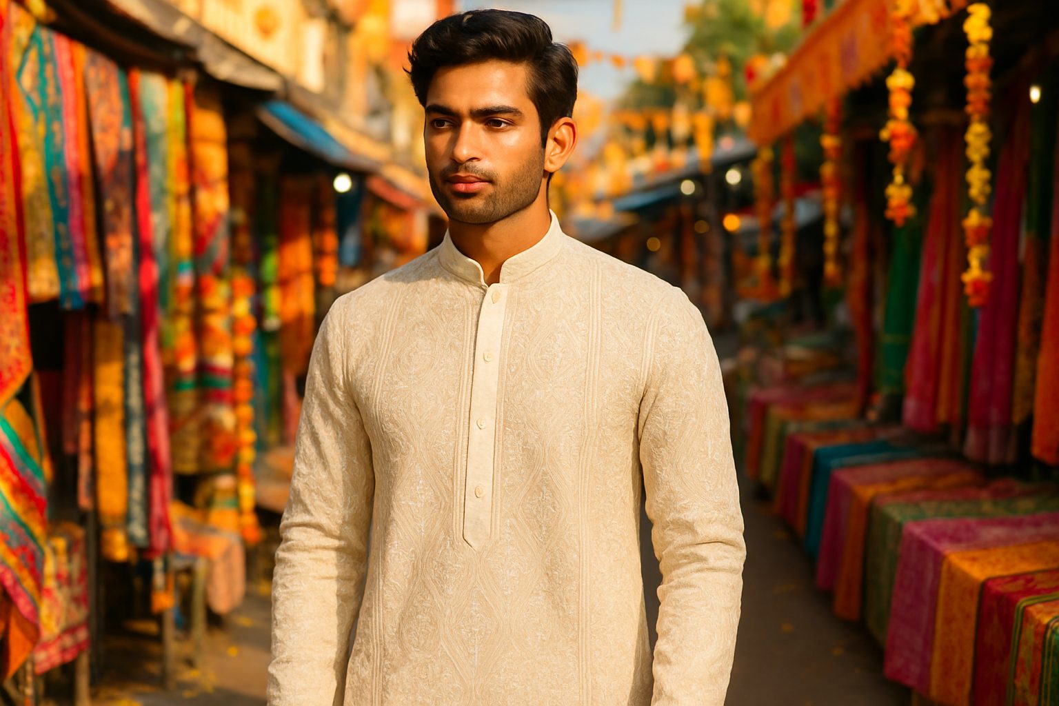 Indian male model in embroidered kurta at a festive market