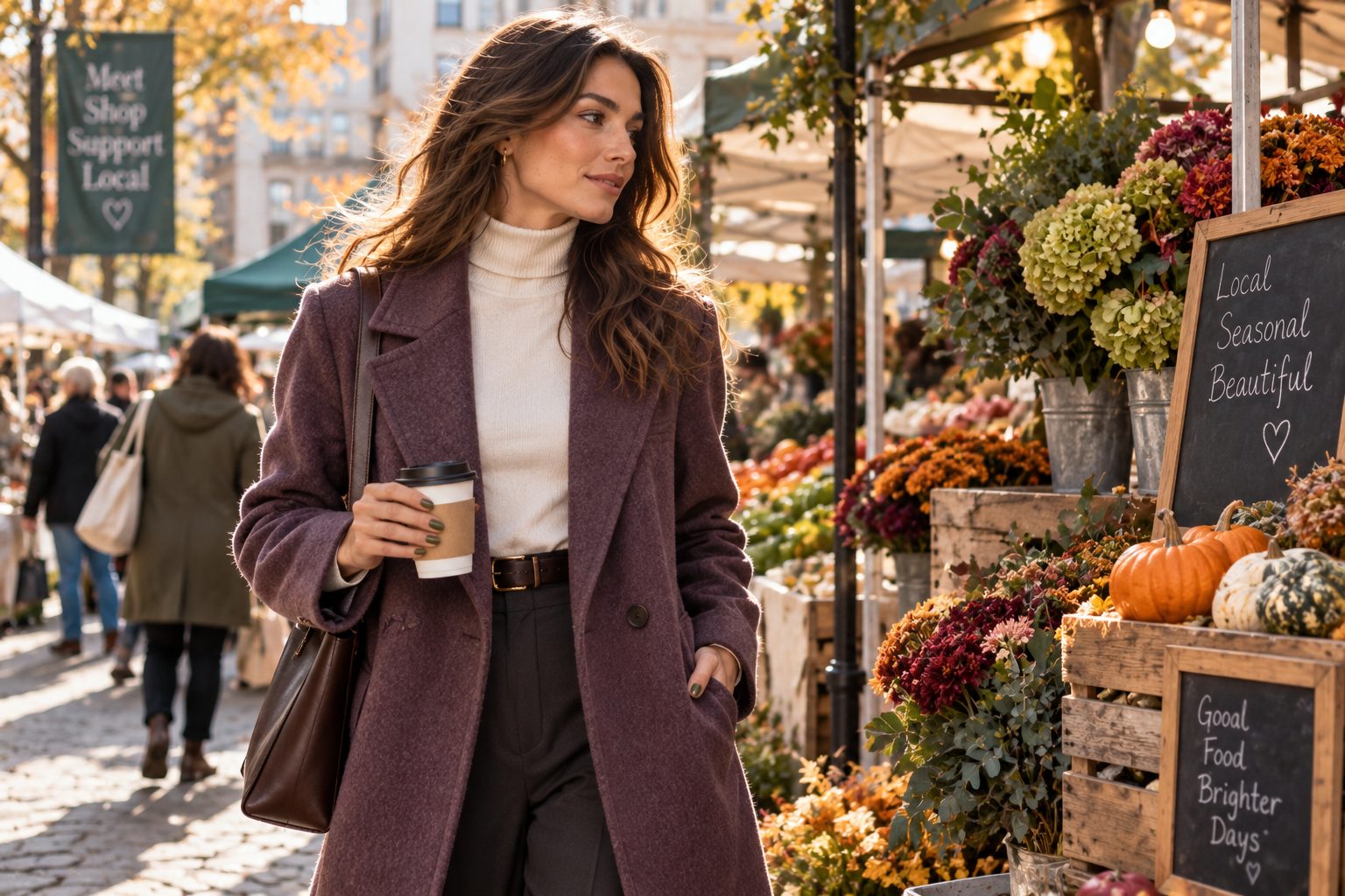 Woman in a smoky purple coat walking through a market, showcasing olive green nails.